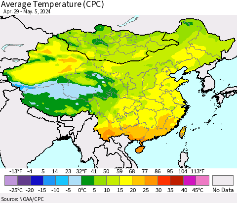 China, Mongolia and Taiwan Average Temperature (CPC) Thematic Map For 4/29/2024 - 5/5/2024