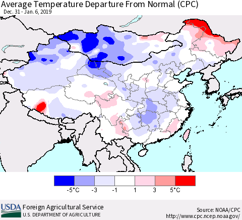 China and Taiwan Average Temperature Departure from Normal (CPC) Thematic Map For 12/31/2018 - 1/6/2019