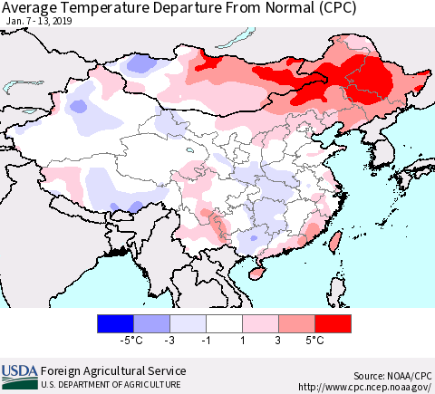 China and Taiwan Average Temperature Departure from Normal (CPC) Thematic Map For 1/7/2019 - 1/13/2019