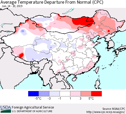 China and Taiwan Average Temperature Departure from Normal (CPC) Thematic Map For 1/14/2019 - 1/20/2019