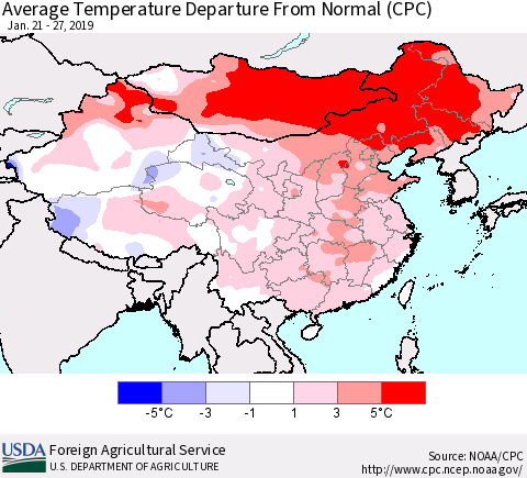 China and Taiwan Average Temperature Departure from Normal (CPC) Thematic Map For 1/21/2019 - 1/27/2019
