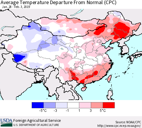 China and Taiwan Average Temperature Departure from Normal (CPC) Thematic Map For 1/28/2019 - 2/3/2019