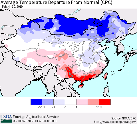 China and Taiwan Average Temperature Departure from Normal (CPC) Thematic Map For 2/4/2019 - 2/10/2019