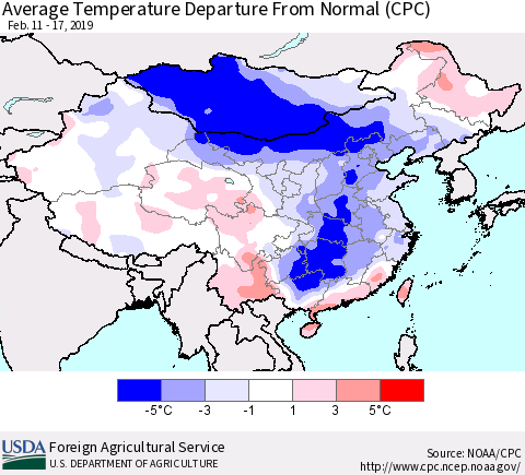 China and Taiwan Average Temperature Departure from Normal (CPC) Thematic Map For 2/11/2019 - 2/17/2019