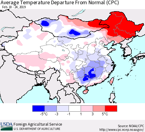China and Taiwan Average Temperature Departure from Normal (CPC) Thematic Map For 2/18/2019 - 2/24/2019