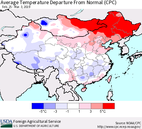 China and Taiwan Average Temperature Departure from Normal (CPC) Thematic Map For 2/25/2019 - 3/3/2019