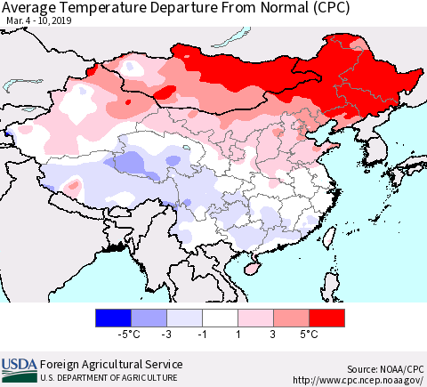 China, Mongolia and Taiwan Average Temperature Departure from Normal (CPC) Thematic Map For 3/4/2019 - 3/10/2019