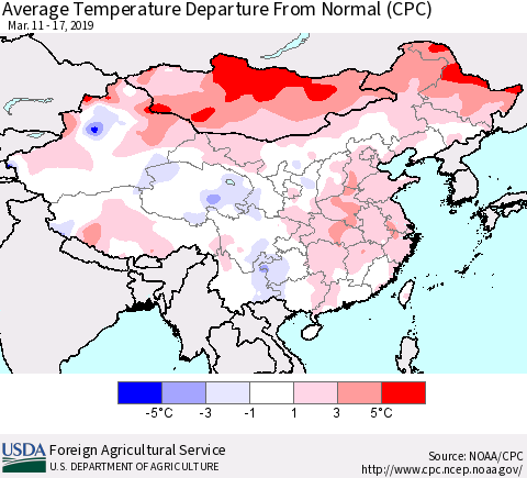China and Taiwan Average Temperature Departure from Normal (CPC) Thematic Map For 3/11/2019 - 3/17/2019