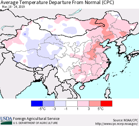 China and Taiwan Average Temperature Departure from Normal (CPC) Thematic Map For 3/18/2019 - 3/24/2019