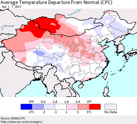 China and Taiwan Average Temperature Departure from Normal (CPC) Thematic Map For 4/1/2019 - 4/7/2019