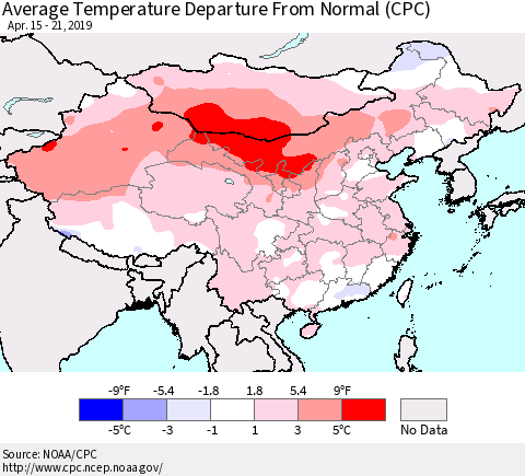 China and Taiwan Average Temperature Departure from Normal (CPC) Thematic Map For 4/15/2019 - 4/21/2019