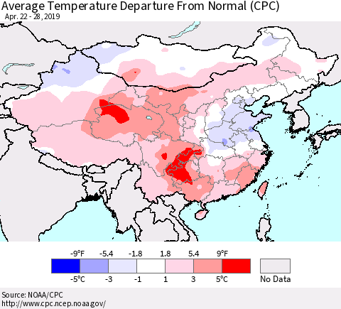 China, Mongolia and Taiwan Average Temperature Departure from Normal (CPC) Thematic Map For 4/22/2019 - 4/28/2019