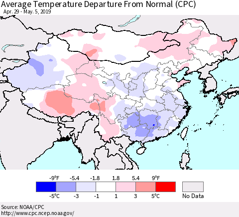 China and Taiwan Average Temperature Departure from Normal (CPC) Thematic Map For 4/29/2019 - 5/5/2019
