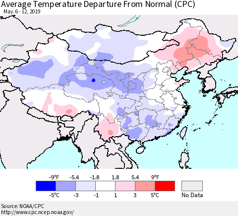 China and Taiwan Average Temperature Departure From Normal (CPC) Thematic Map For 5/6/2019 - 5/12/2019