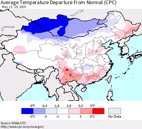 China and Taiwan Average Temperature Departure From Normal (CPC) Thematic Map For 5/13/2019 - 5/19/2019