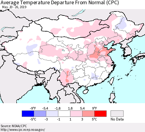 China and Taiwan Average Temperature Departure from Normal (CPC) Thematic Map For 5/20/2019 - 5/26/2019
