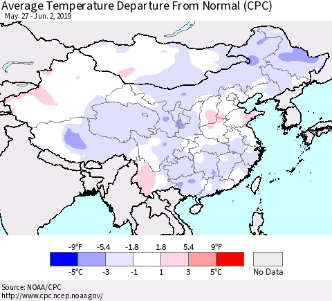 China and Taiwan Average Temperature Departure From Normal (CPC) Thematic Map For 5/27/2019 - 6/2/2019