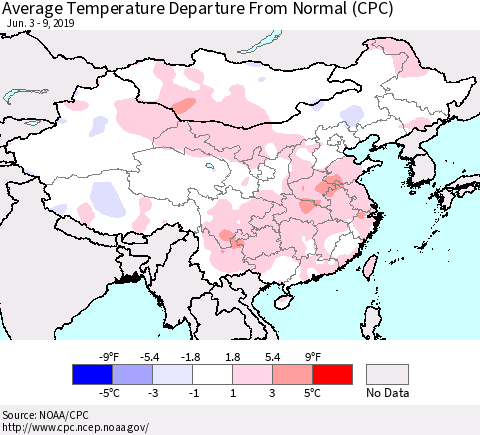 China and Taiwan Average Temperature Departure From Normal (CPC) Thematic Map For 6/3/2019 - 6/9/2019