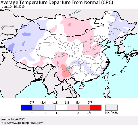 China and Taiwan Average Temperature Departure from Normal (CPC) Thematic Map For 6/10/2019 - 6/16/2019