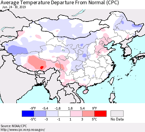 China, Mongolia and Taiwan Average Temperature Departure from Normal (CPC) Thematic Map For 6/24/2019 - 6/30/2019