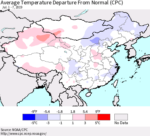 China and Taiwan Average Temperature Departure From Normal (CPC) Thematic Map For 7/1/2019 - 7/7/2019