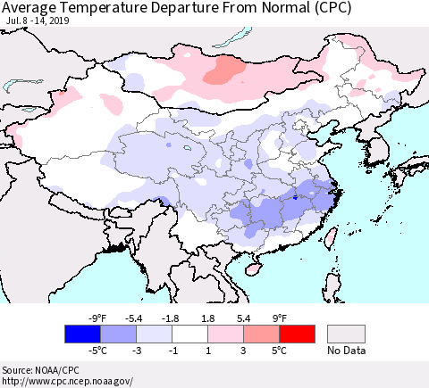 China and Taiwan Average Temperature Departure From Normal (CPC) Thematic Map For 7/8/2019 - 7/14/2019