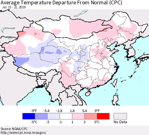 China and Taiwan Average Temperature Departure From Normal (CPC) Thematic Map For 7/15/2019 - 7/21/2019