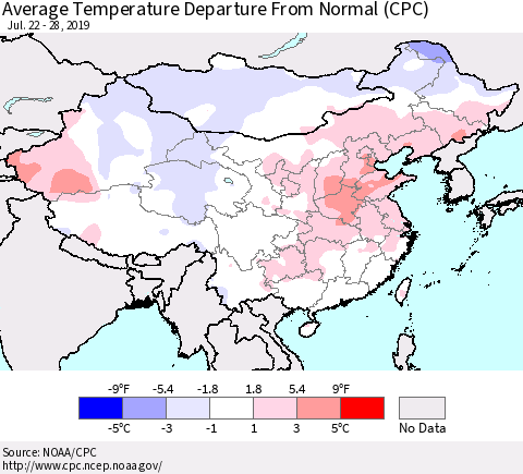 China and Taiwan Average Temperature Departure From Normal (CPC) Thematic Map For 7/22/2019 - 7/28/2019
