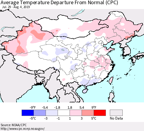 China and Taiwan Average Temperature Departure From Normal (CPC) Thematic Map For 7/29/2019 - 8/4/2019