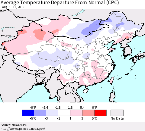 China, Mongolia and Taiwan Average Temperature Departure from Normal (CPC) Thematic Map For 8/5/2019 - 8/11/2019