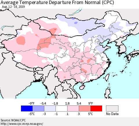 China and Taiwan Average Temperature Departure From Normal (CPC) Thematic Map For 8/12/2019 - 8/18/2019