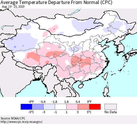 China and Taiwan Average Temperature Departure From Normal (CPC) Thematic Map For 8/19/2019 - 8/25/2019