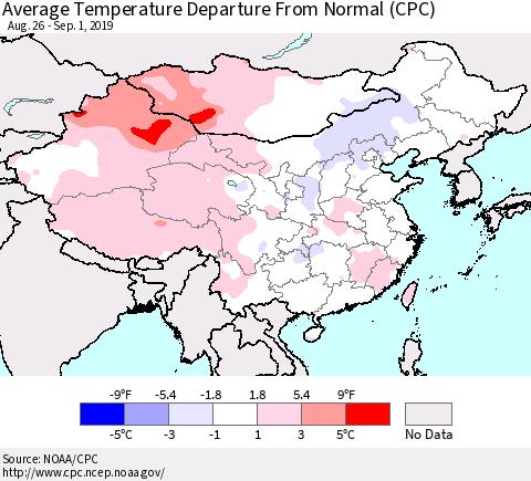 China and Taiwan Average Temperature Departure From Normal (CPC) Thematic Map For 8/26/2019 - 9/1/2019