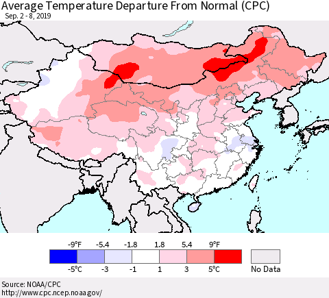 China and Taiwan Average Temperature Departure From Normal (CPC) Thematic Map For 9/2/2019 - 9/8/2019