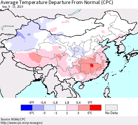 China, Mongolia and Taiwan Average Temperature Departure from Normal (CPC) Thematic Map For 9/9/2019 - 9/15/2019