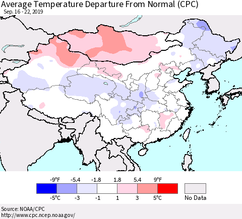 China, Mongolia and Taiwan Average Temperature Departure from Normal (CPC) Thematic Map For 9/16/2019 - 9/22/2019