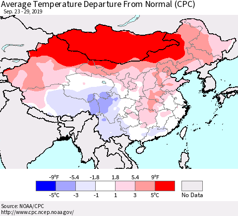 China and Taiwan Average Temperature Departure From Normal (CPC) Thematic Map For 9/23/2019 - 9/29/2019