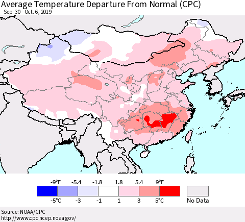 China, Mongolia and Taiwan Average Temperature Departure from Normal (CPC) Thematic Map For 9/30/2019 - 10/6/2019