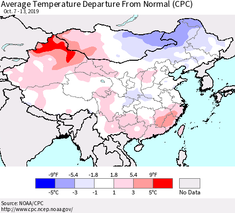 China and Taiwan Average Temperature Departure From Normal (CPC) Thematic Map For 10/7/2019 - 10/13/2019