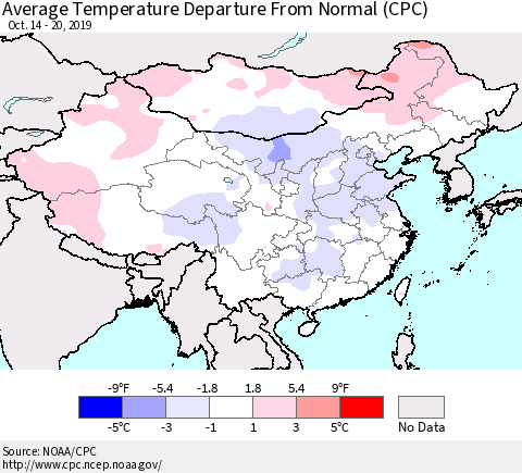 China and Taiwan Average Temperature Departure From Normal (CPC) Thematic Map For 10/14/2019 - 10/20/2019