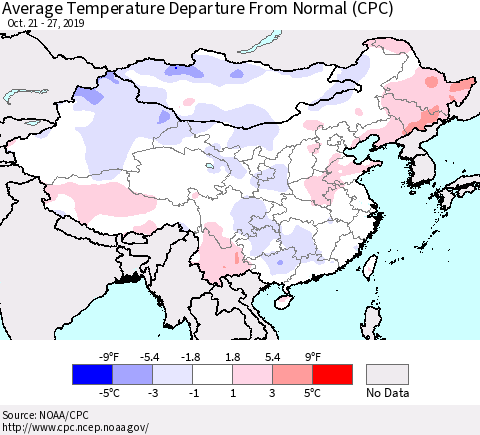 China and Taiwan Average Temperature Departure From Normal (CPC) Thematic Map For 10/21/2019 - 10/27/2019