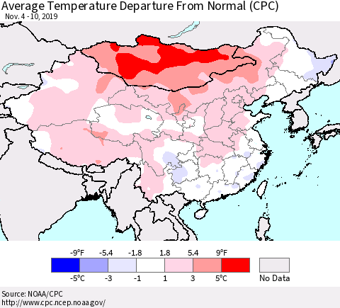 China, Mongolia and Taiwan Average Temperature Departure from Normal (CPC) Thematic Map For 11/4/2019 - 11/10/2019