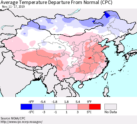 China, Mongolia and Taiwan Average Temperature Departure from Normal (CPC) Thematic Map For 11/11/2019 - 11/17/2019