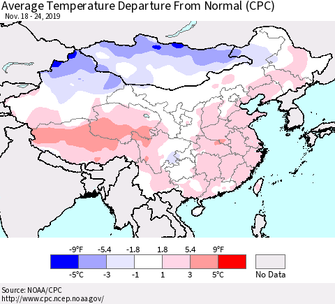China, Mongolia and Taiwan Average Temperature Departure from Normal (CPC) Thematic Map For 11/18/2019 - 11/24/2019