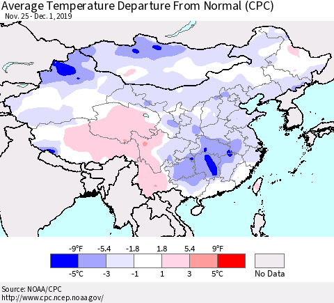 China, Mongolia and Taiwan Average Temperature Departure from Normal (CPC) Thematic Map For 11/25/2019 - 12/1/2019