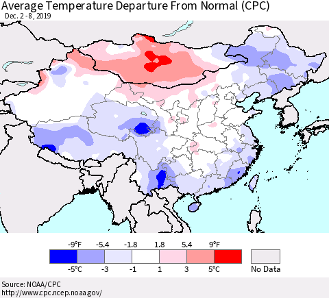 China, Mongolia and Taiwan Average Temperature Departure from Normal (CPC) Thematic Map For 12/2/2019 - 12/8/2019