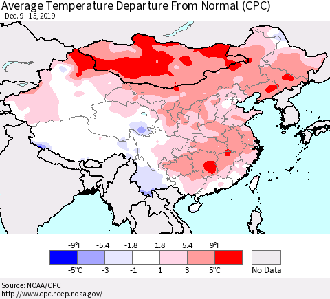 China, Mongolia and Taiwan Average Temperature Departure from Normal (CPC) Thematic Map For 12/9/2019 - 12/15/2019