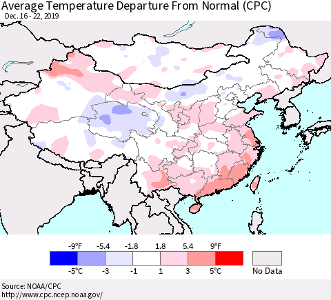 China, Mongolia and Taiwan Average Temperature Departure from Normal (CPC) Thematic Map For 12/16/2019 - 12/22/2019