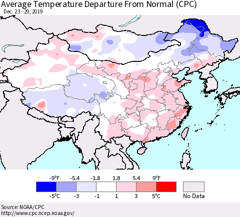 China, Mongolia and Taiwan Average Temperature Departure from Normal (CPC) Thematic Map For 12/23/2019 - 12/29/2019