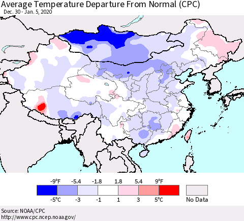 China, Mongolia and Taiwan Average Temperature Departure from Normal (CPC) Thematic Map For 12/30/2019 - 1/5/2020
